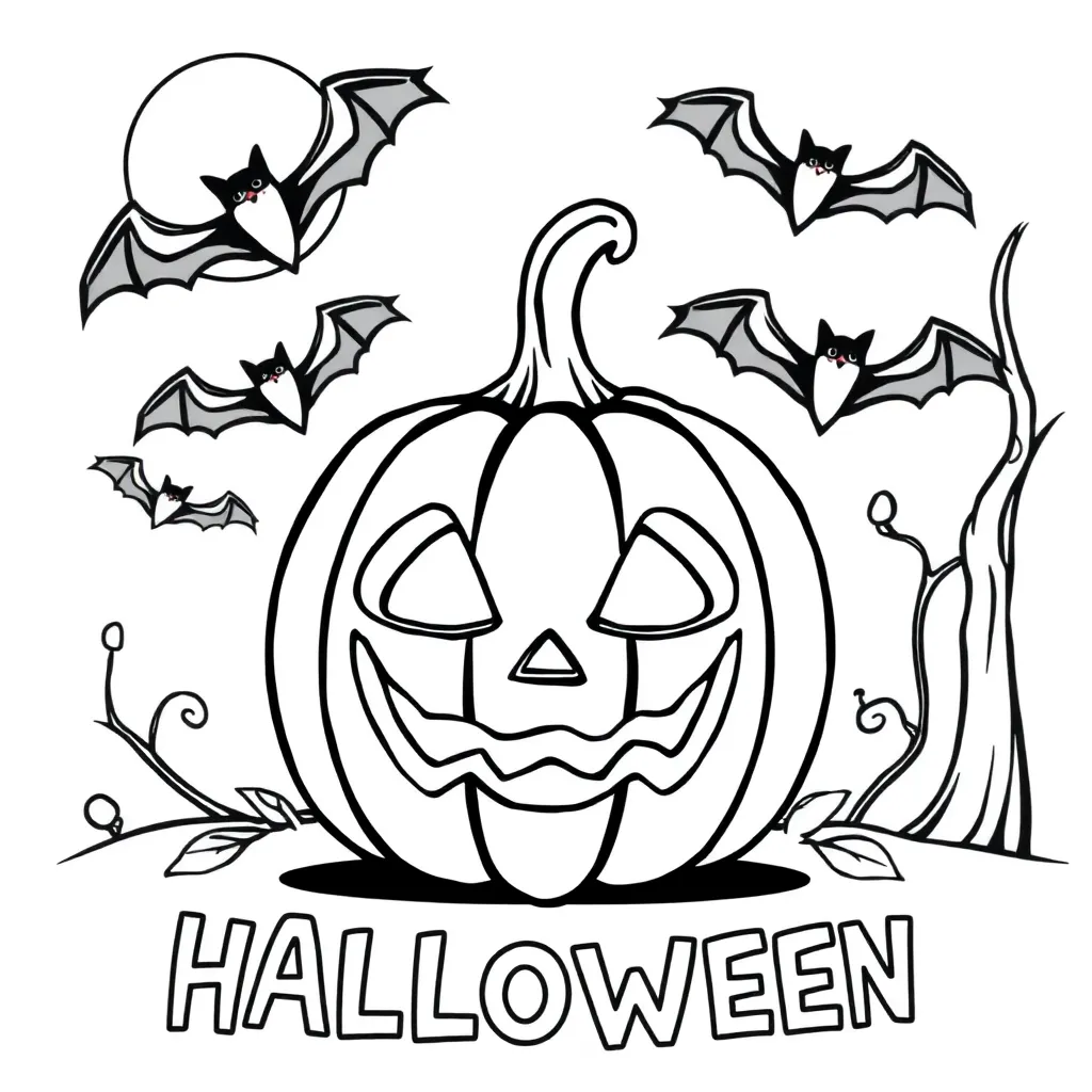Halloween Pumpkin Bats Full Moon Scene Cartoon Style