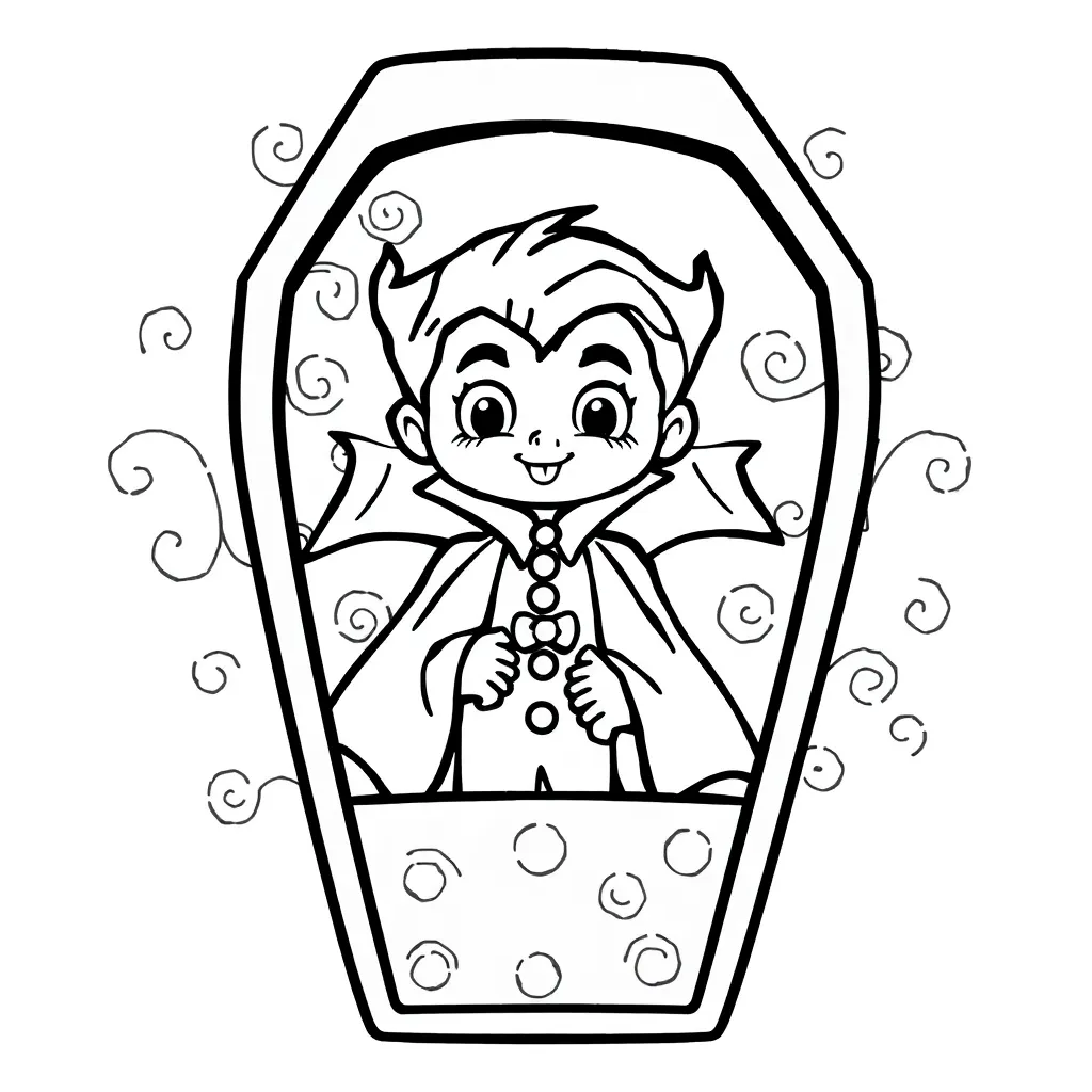 Halloween Vampir Sarg Lustiges Kostüm Gruselige Malvorlage kostenlos ausdrucken! ⭐ Perfekt für Kinder im Alter von 4–8 Jahren. Sofortiger Download, Online-Ausmalen oder Zwiebel