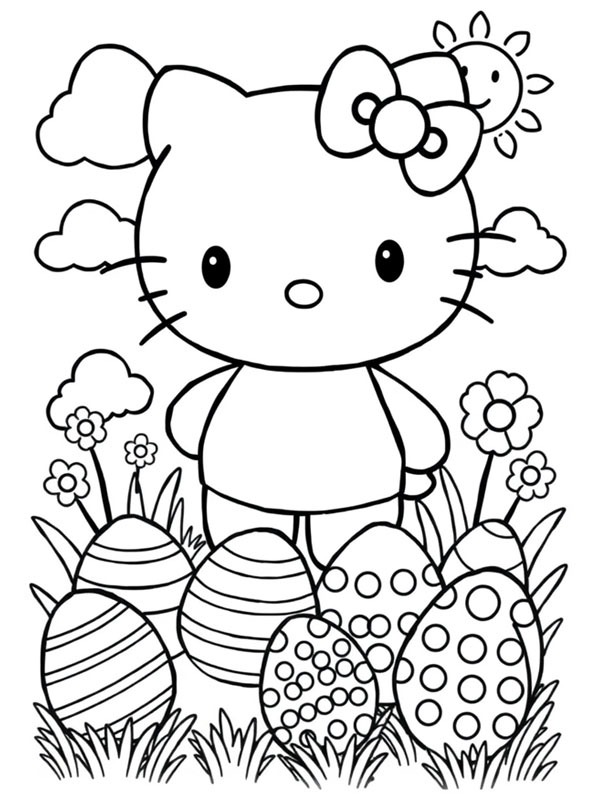 Hello Kitty pääsiäismunien kanssa