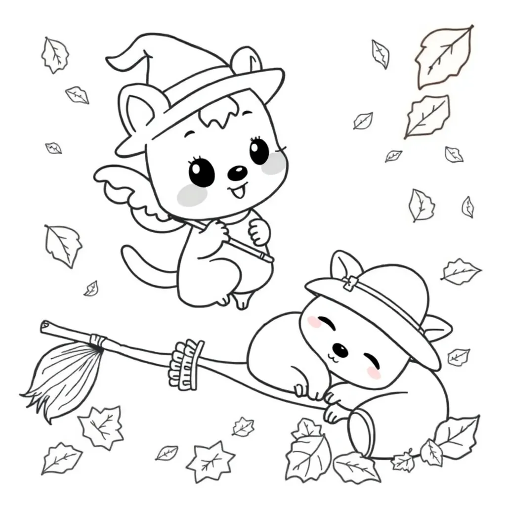 Autumn Cute animal Flying Broom Sleeping animal Falling Leaves