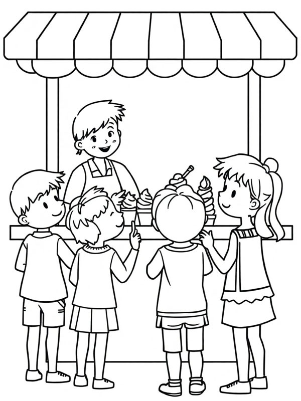 Ice cream stall with children choosing flavors