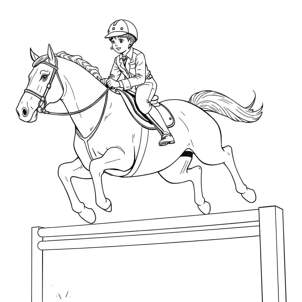 Boy On Horse with Riding Boots Jumping Over Obstacle