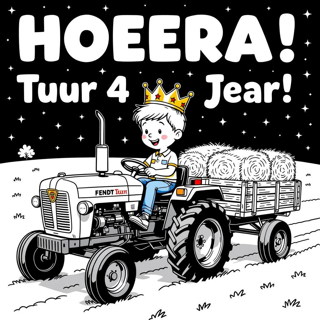 4-årig pojke i en fendt med vagn. det ligger höbalar på vagnen. pojken bär en födelsedagskrona