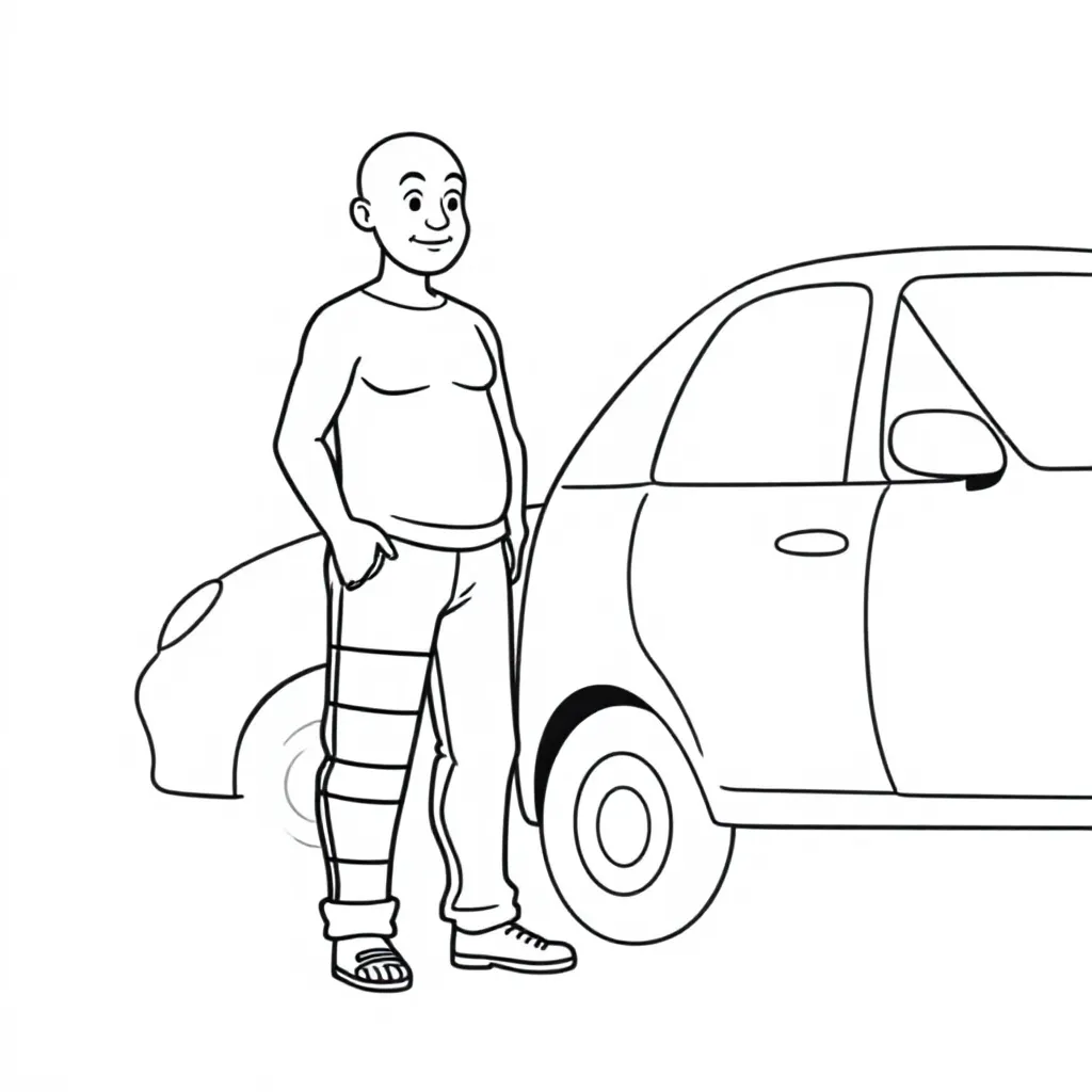 Glatzköpfiger Mann mit gebrochenem Fuß neben einem auto