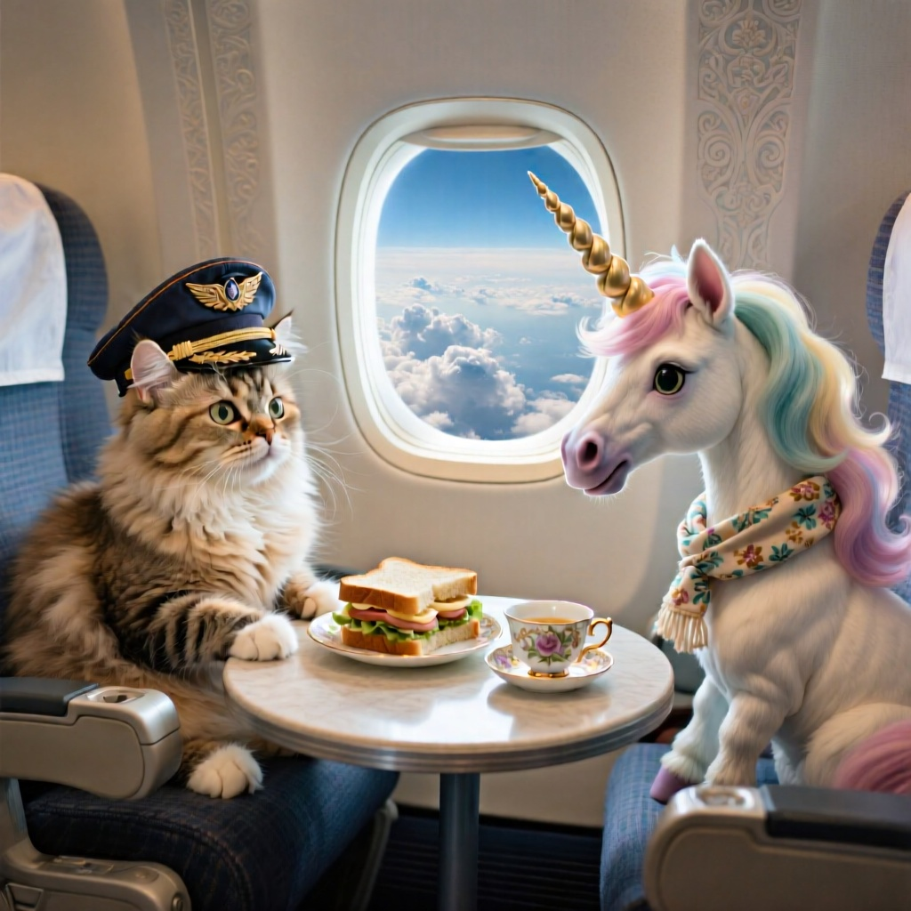 Kissa ja yksisarvinen lentokoneessa ruokavoileivän kanssa