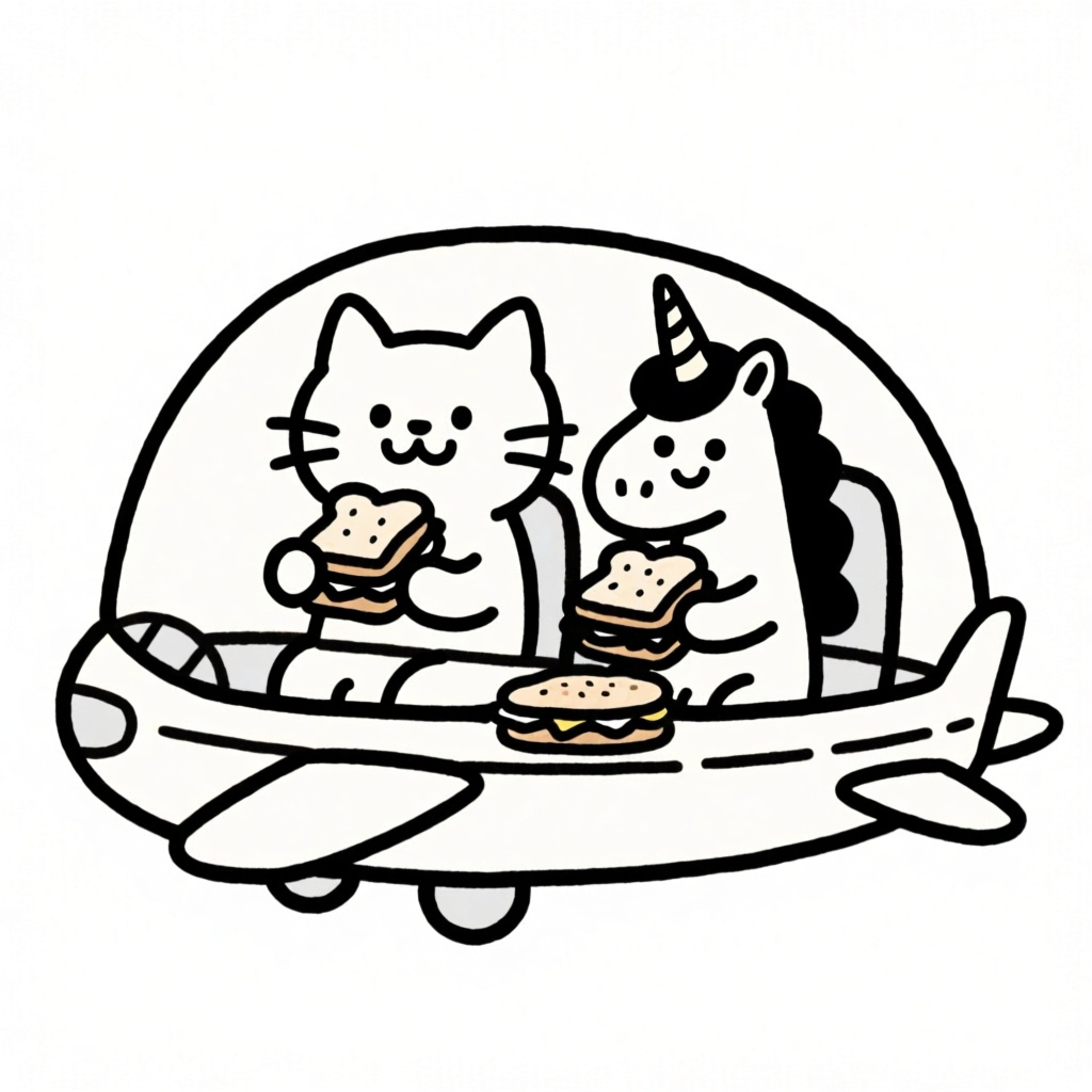 Kissa ja yksisarvinen lentokoneessa ruokavoileivän kanssa