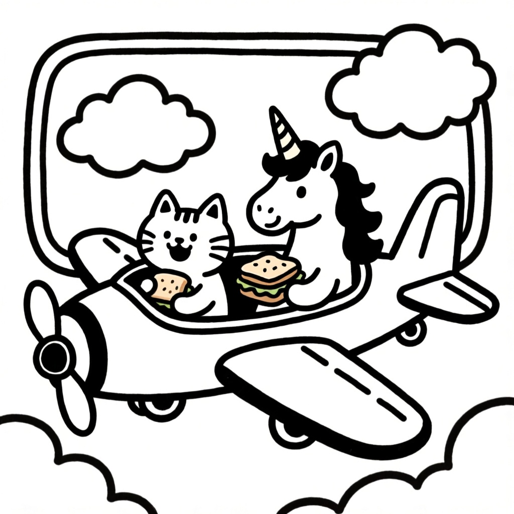 Kissa ja yksisarvinen lentokoneessa ruokavoileivän kanssa