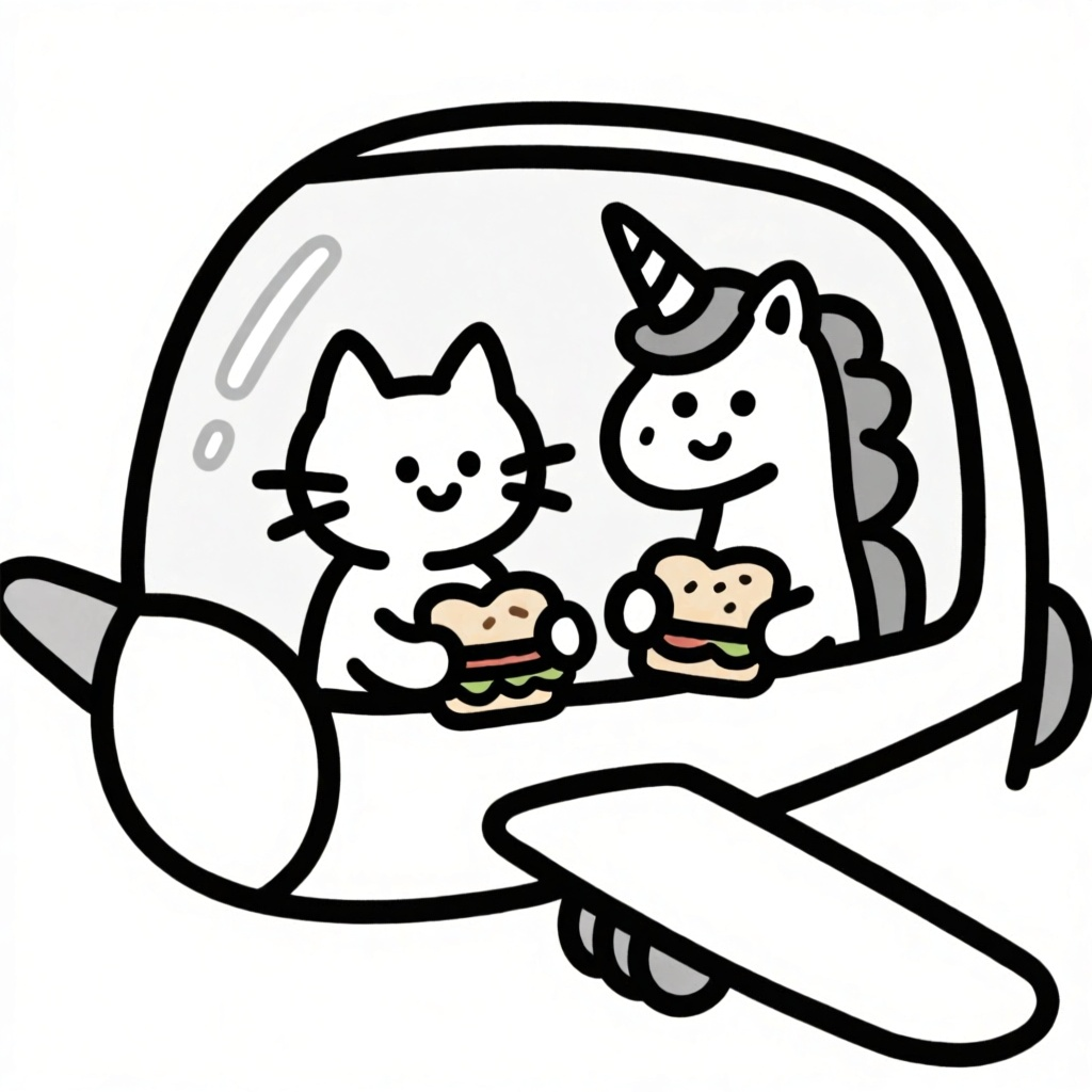 Kissa ja yksisarvinen lentokoneessa ruokavoileivän kanssa