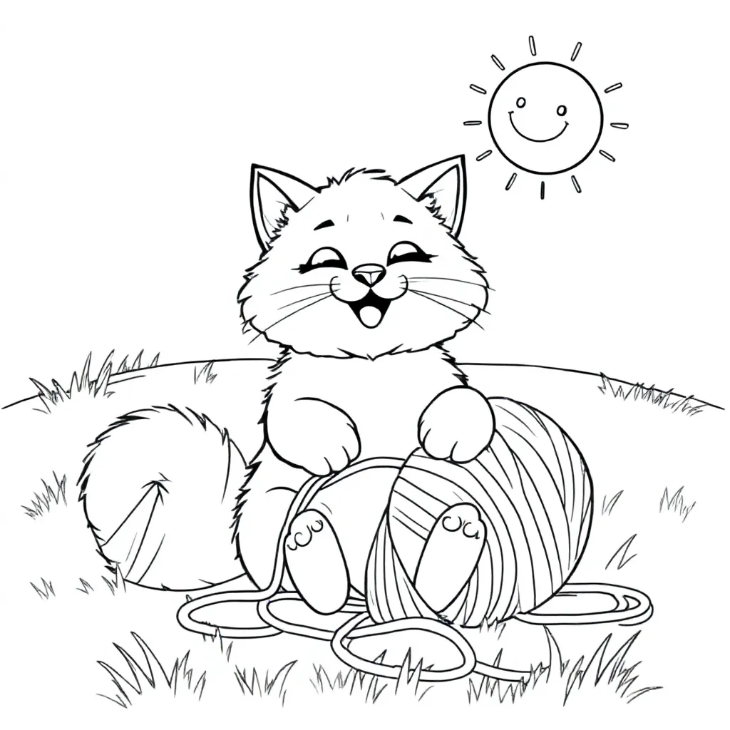 Kissa villapallon kanssa niityllä