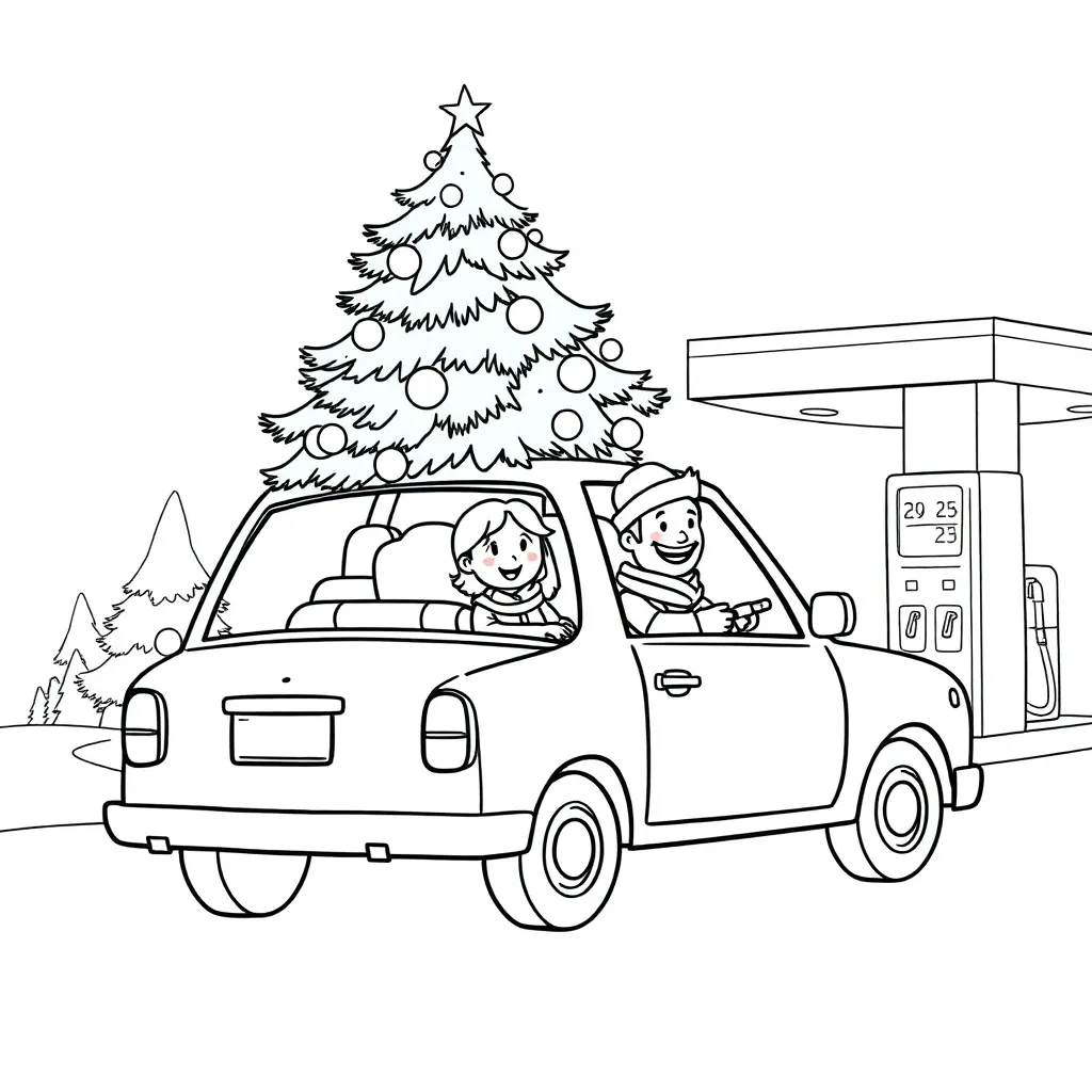Christmas Family bil Tree Tankstation