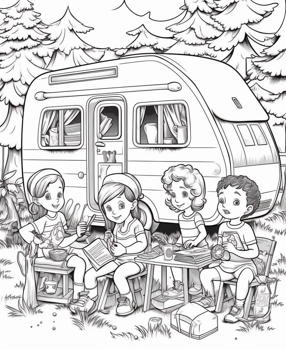 Children in front of the caravan