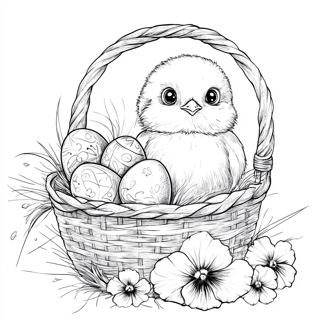 Pisklę w koszyku z jajkami