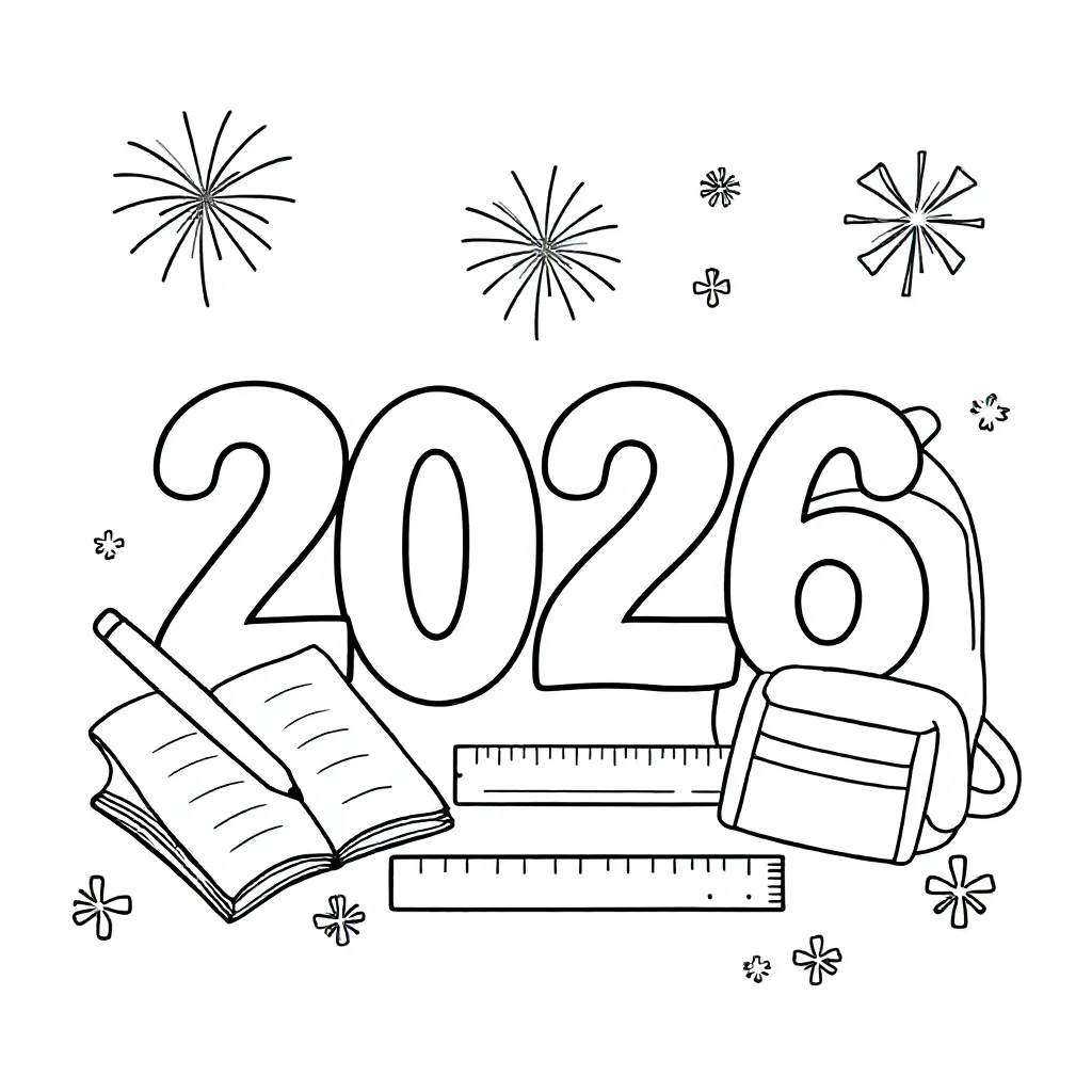 El año 2026 es central. Incluye objetos que tengan que ver con la escuela. Como decoración extra hay fuegos artificiales y nieve.