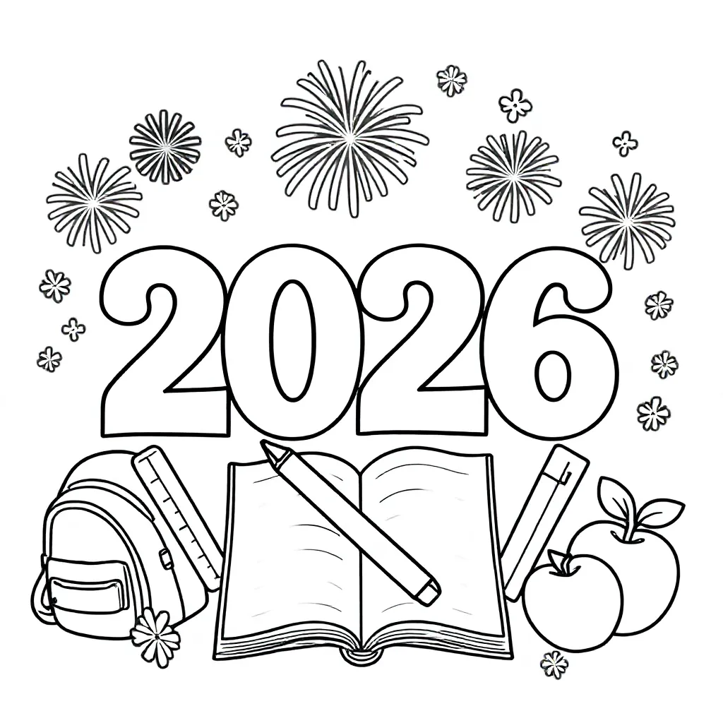 Het jaartal 2026 centraal staat. Verwerk daarin voorwerpen die te maken hebben met school. Als extra versiering is er vuurwerk en sneeuw