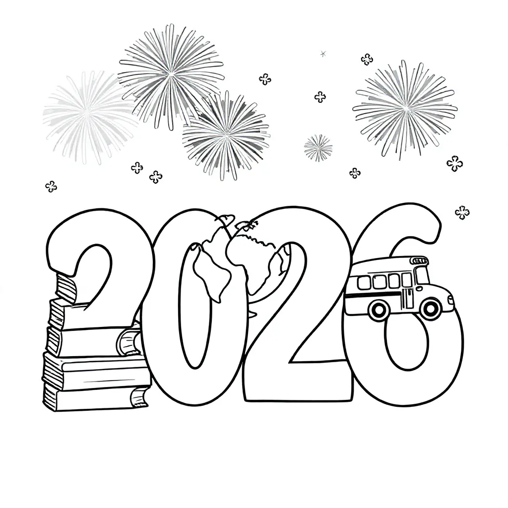 El año 2026 es central. Incluye objetos que tengan que ver con la escuela. Como decoración extra hay fuegos artificiales y nieve.