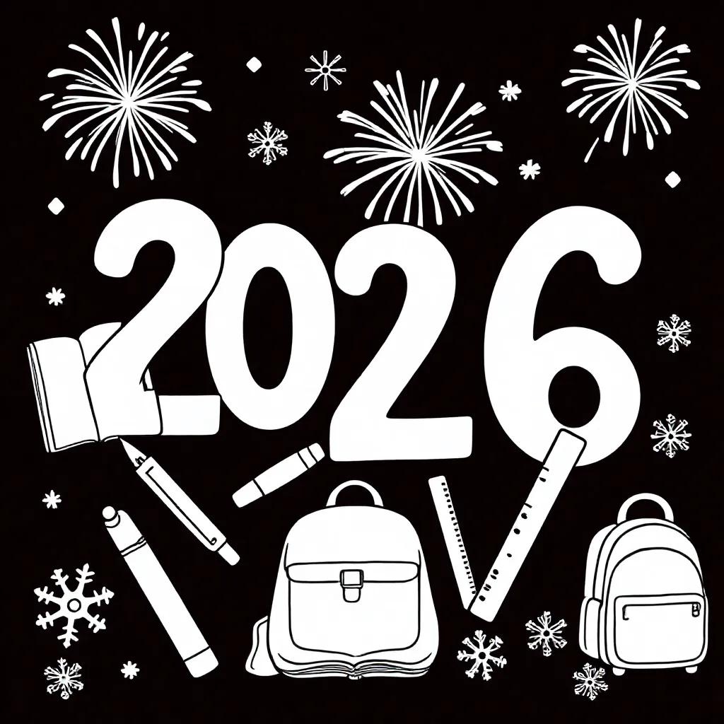 El año 2026 es central. Incluye objetos que tengan que ver con la escuela. Como decoración extra hay fuegos artificiales y nieve.