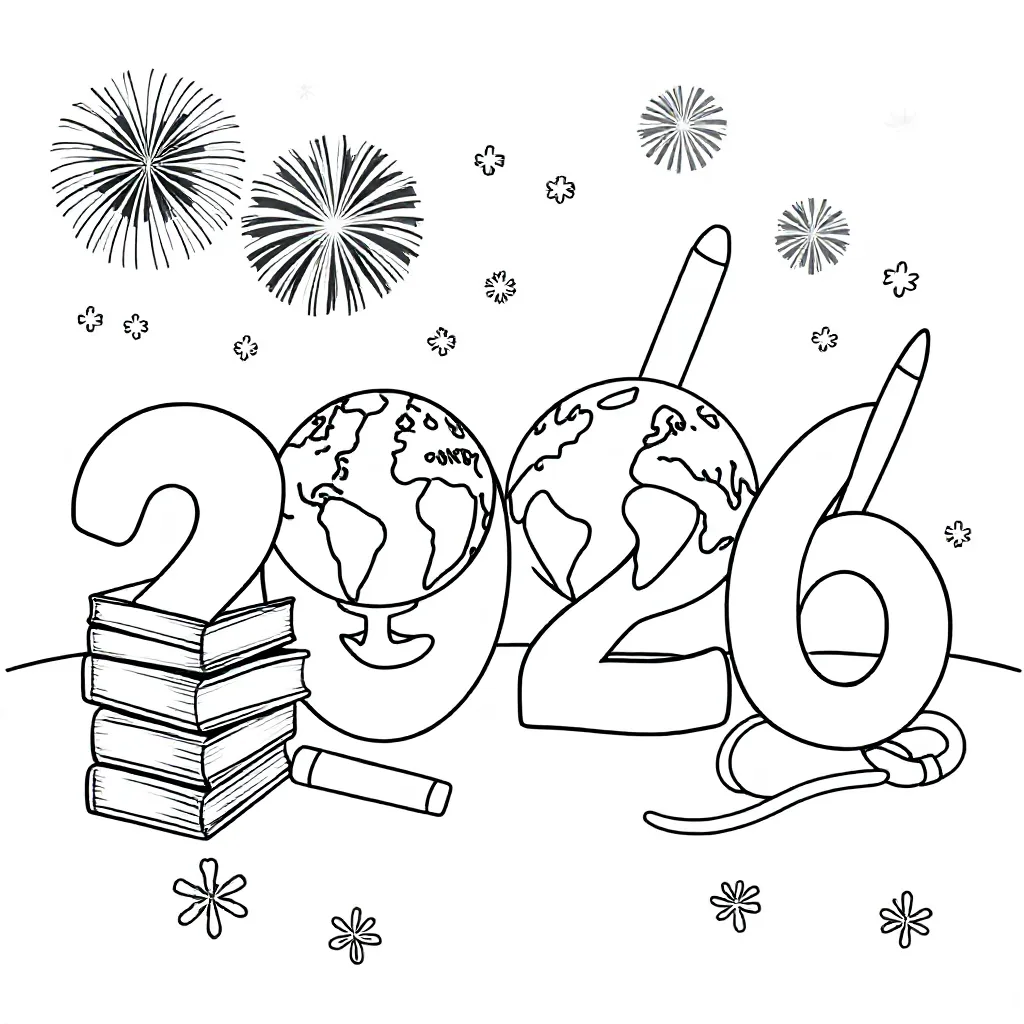 El año 2026 es central. Incluye objetos que tengan que ver con la escuela. Como decoración extra hay fuegos artificiales y nieve.