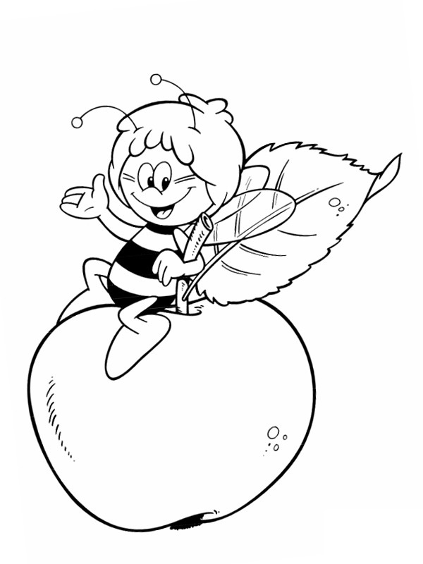 Maya the Bee is sitting on an apple