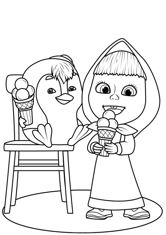 Masha And Penguin Eating Ice Cream