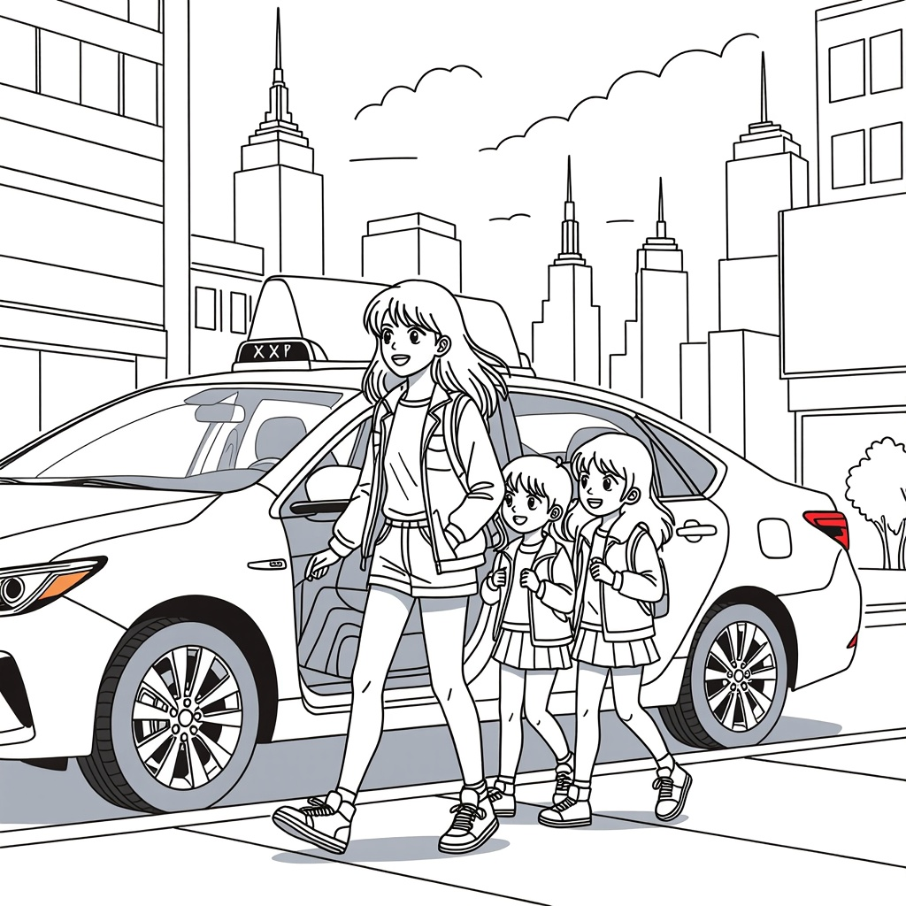 Ragazza 16 (stile manga) che scende dal taxi a New York, con il fratello 14 e la sorella 8. lo trova emozionante
