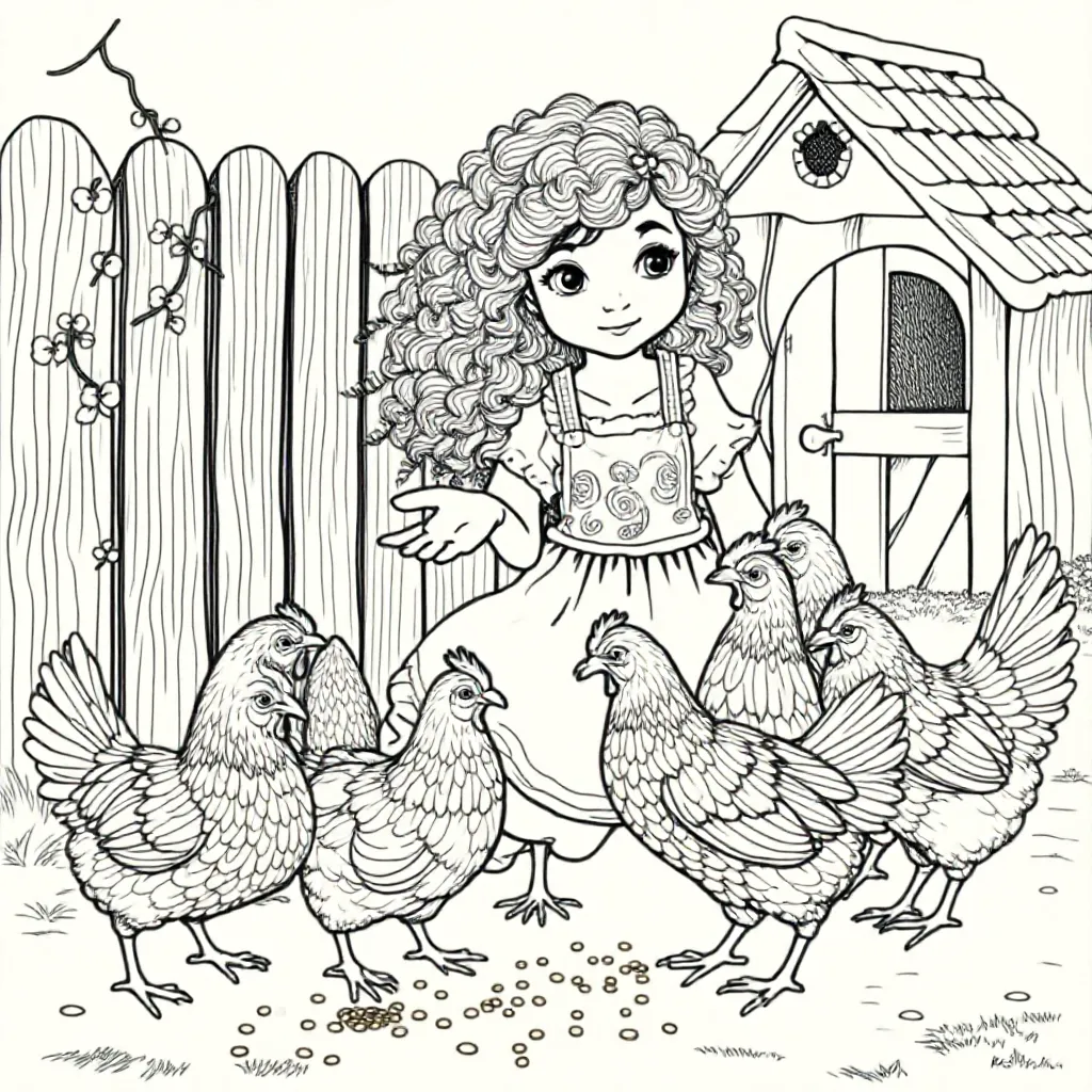 Dziewczyna z kręconymi włosami karmiąca pięć kurczaków