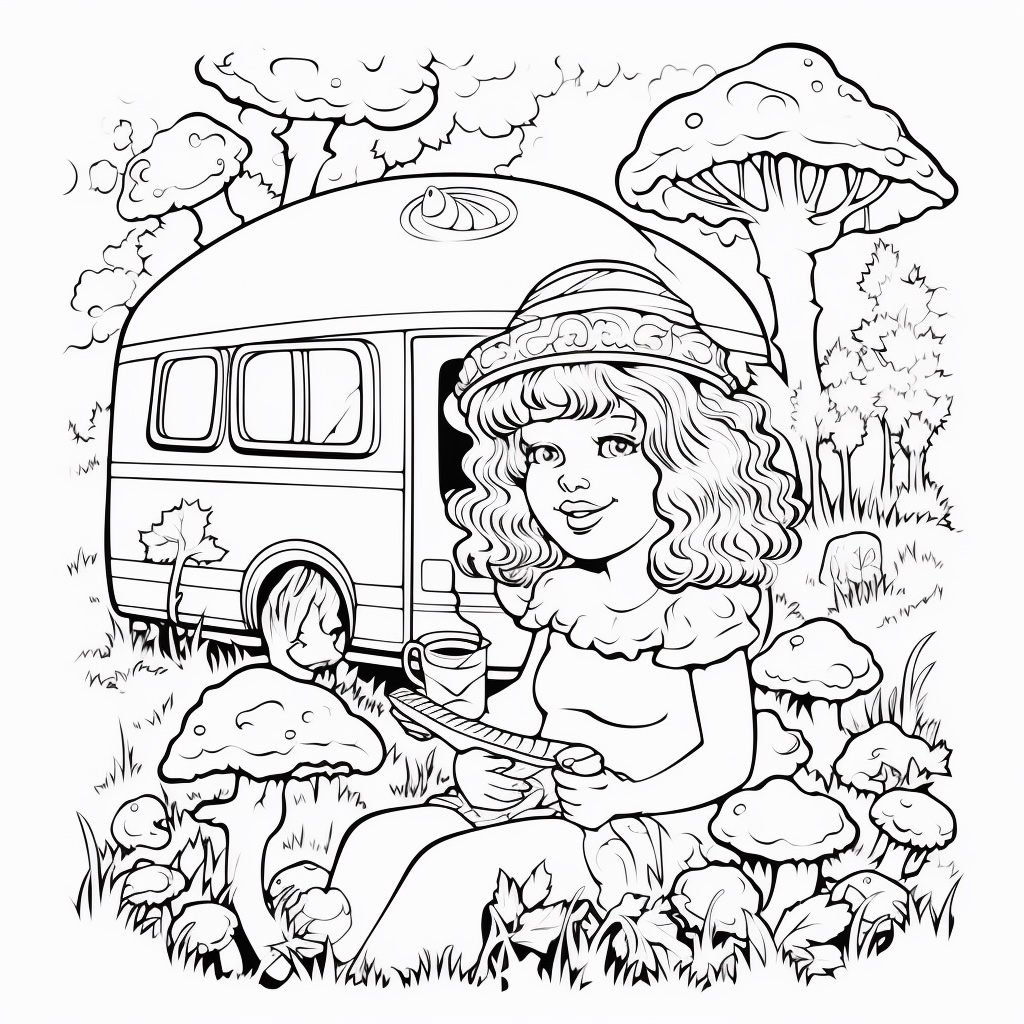 Pige foran campingvogn blandt svampe