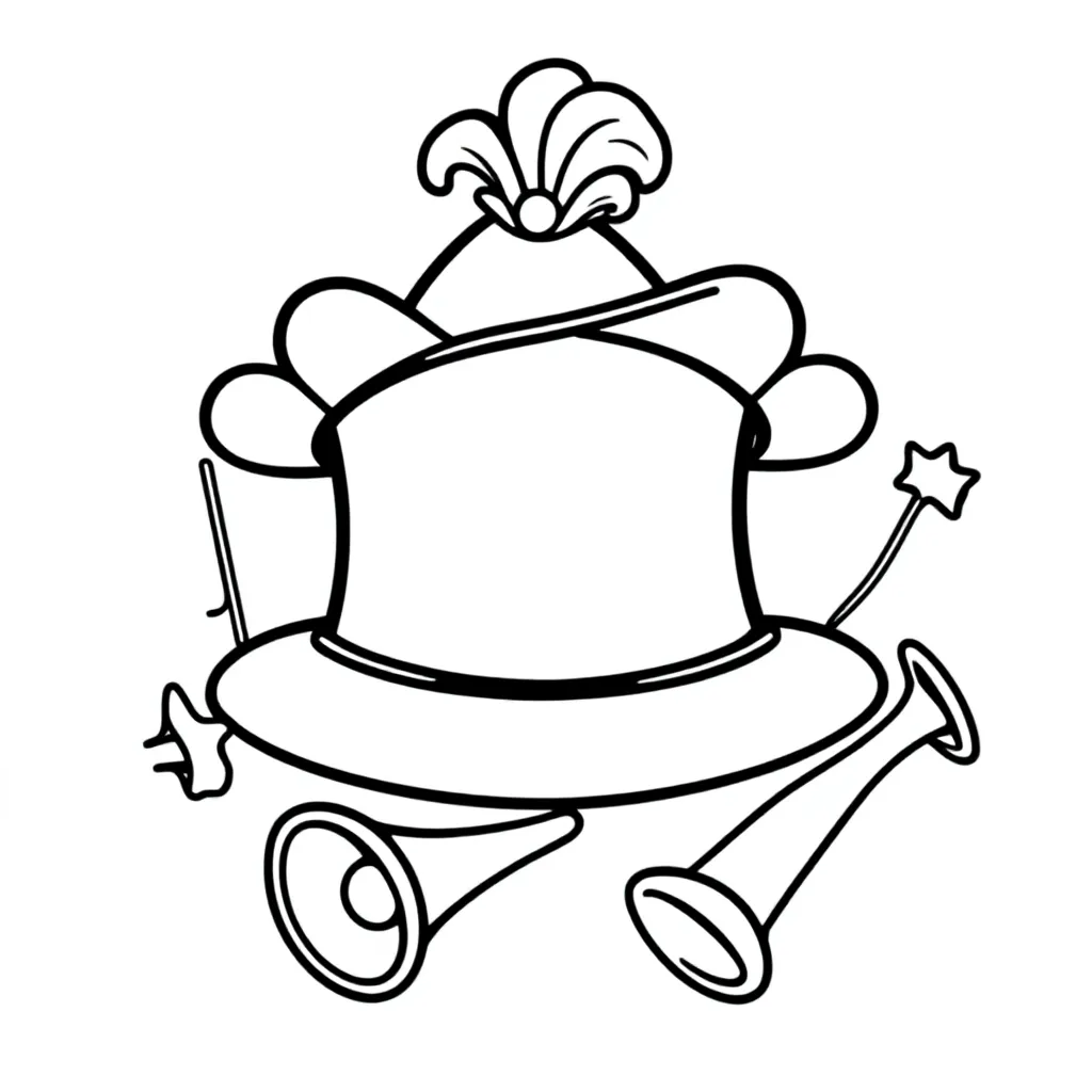 Karnevaaliommel, juhlahattu, serpentiinit ja trumpetti