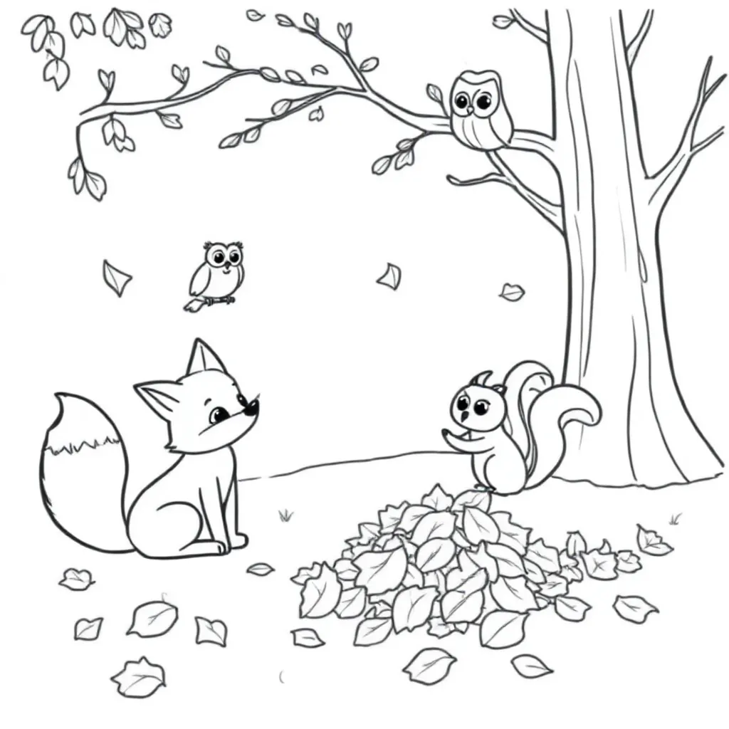 Mit Tieren, die mit dem Herbst in Verbindung gebracht werden, und dann in einem Wald mit fallenden Blättern