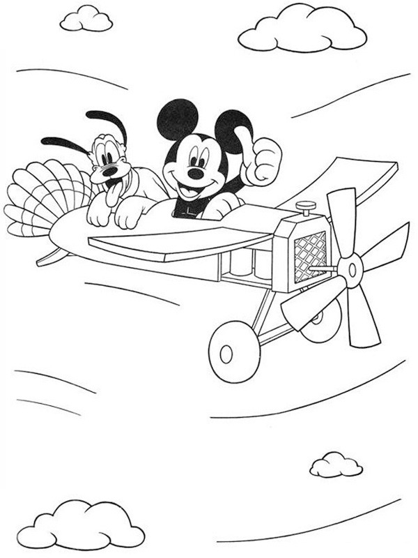 Mickey mouse en pluto in een vliegtuig