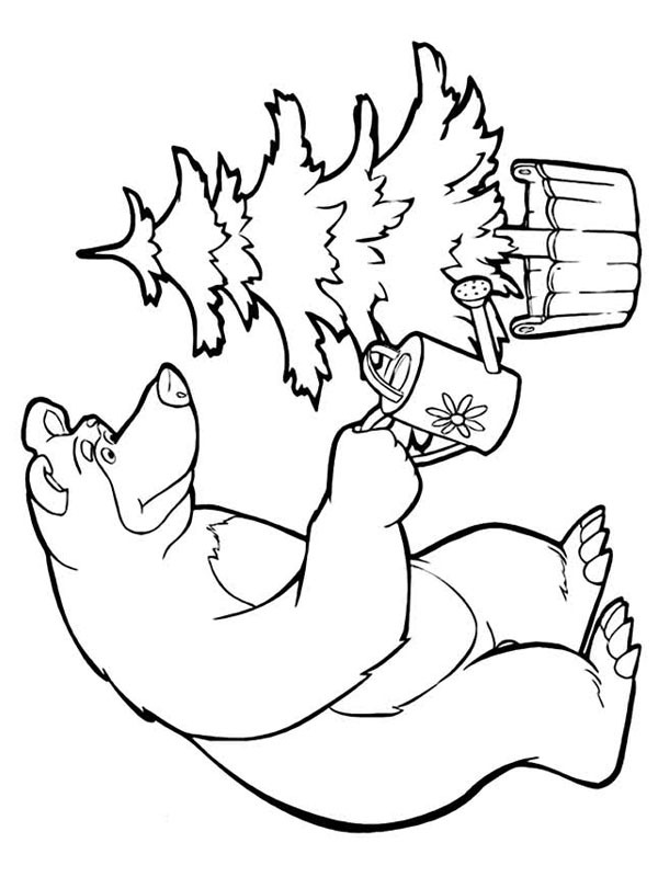 Mischka, der Bär, gießt den Weihnachtsbaum