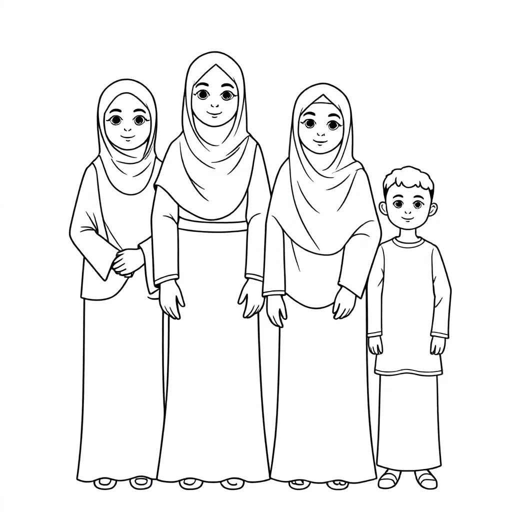 Muslimsk familj, mamma med lång huvudduk, 13-årig dotter med huvudduk och långklänning, 11-årig dotter med huvudduk och långklänning och 7-årig pojke med islamisk dräkt