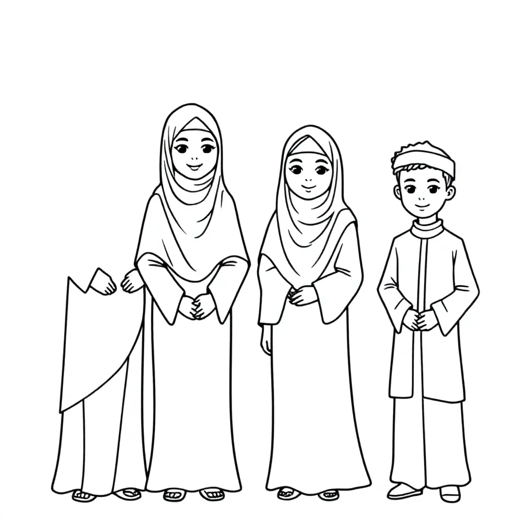 Muslimische Familie, Mutter mit langem Kopftuch, 13-jährige Tochter mit Kopftuch und langem Kleid, 11-jährige Tochter mit Kopftuch und langem Kleid und 7-jähriger Junge mit islamischer Robe