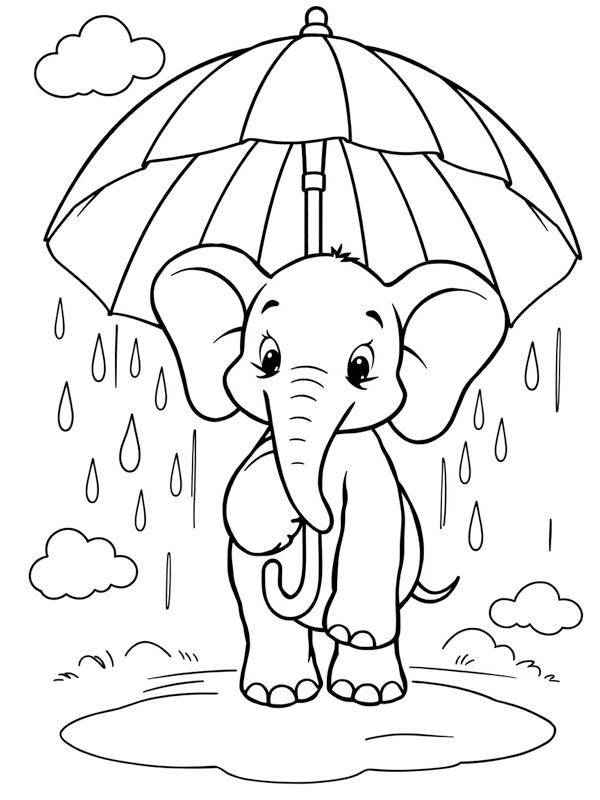 Słoń trzymający parasol w deszczu