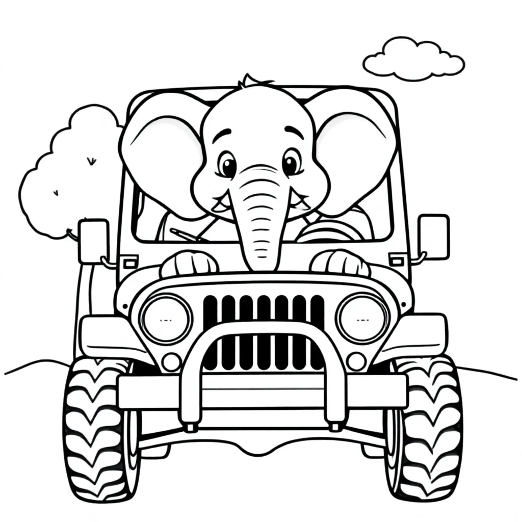 Słoń W Jeepie Widok Z Przodu