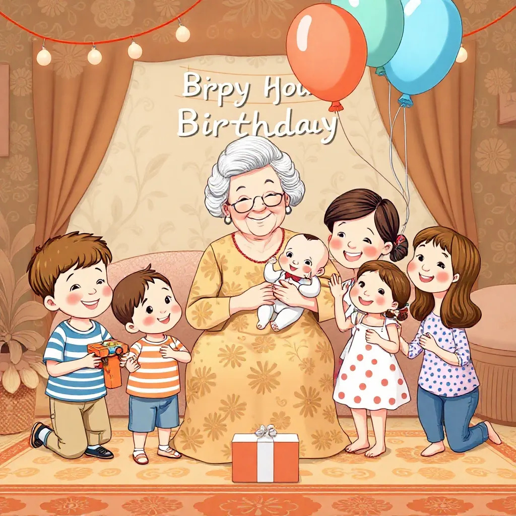 Mormor fyller 62 år med sina små barn, 2 pojkar på 2 och 3 år, 2 flickor på 6 och 7 år, 1 bebis