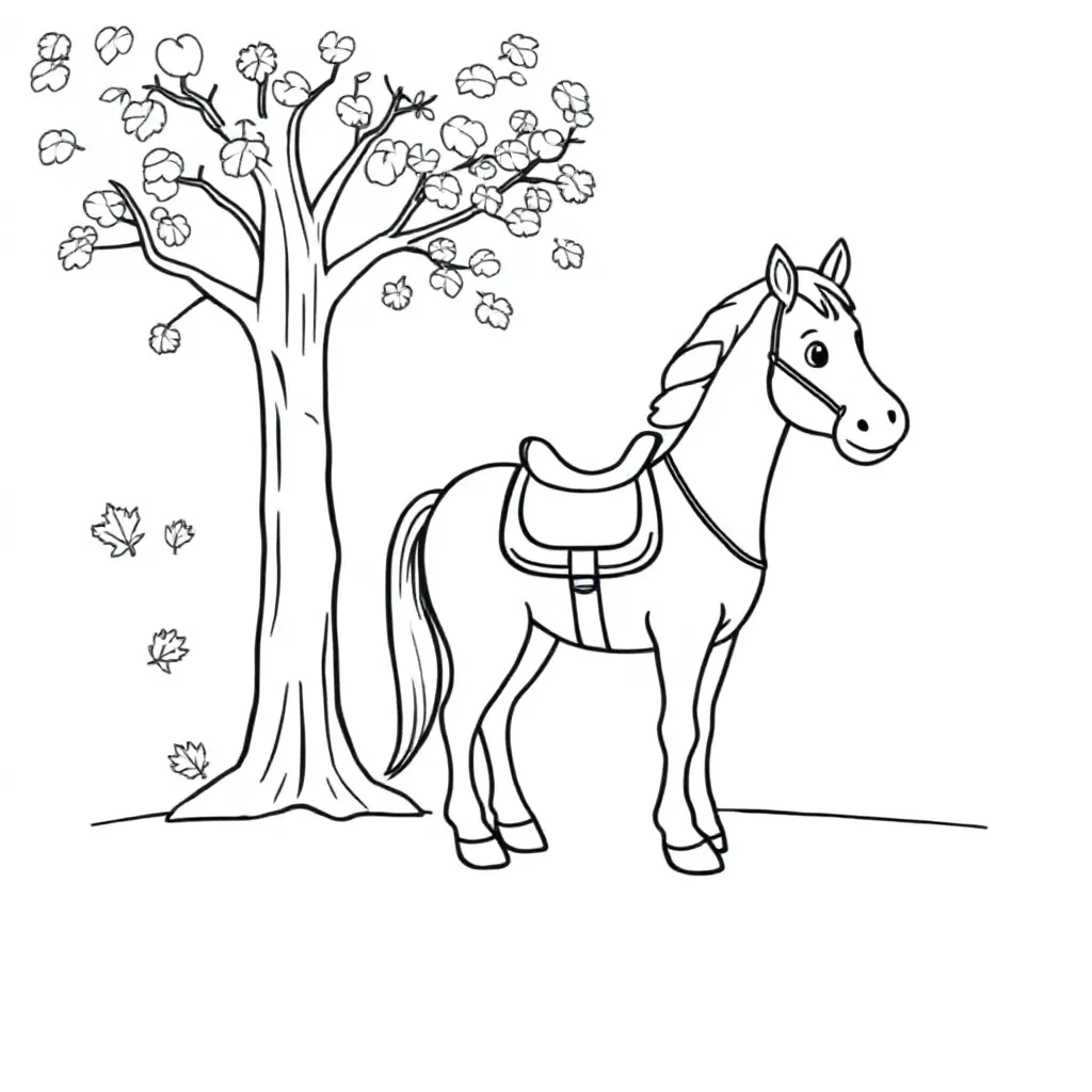 Horse saddled on tree leaves