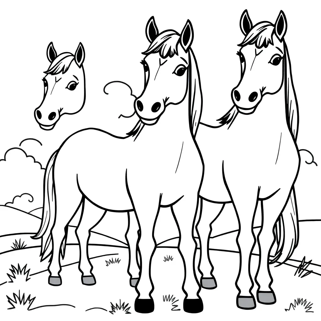 Chevaux Dessin Animé Prairie Joyeuse Nature