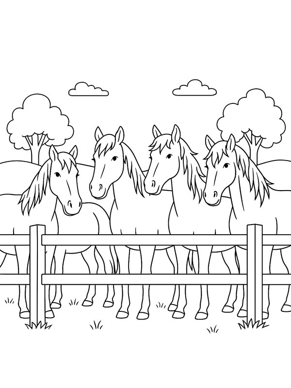 Horse herd behind fence