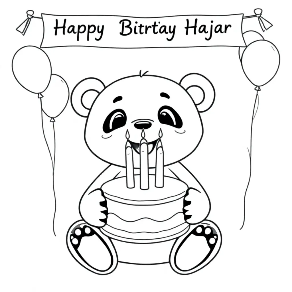 Panda med tårta och två ljus i form av siffran 11. Ovanför pandan hänger en banderoll med grattis på födelsedagen Hajar. Bredvid pandan finns det ballonger