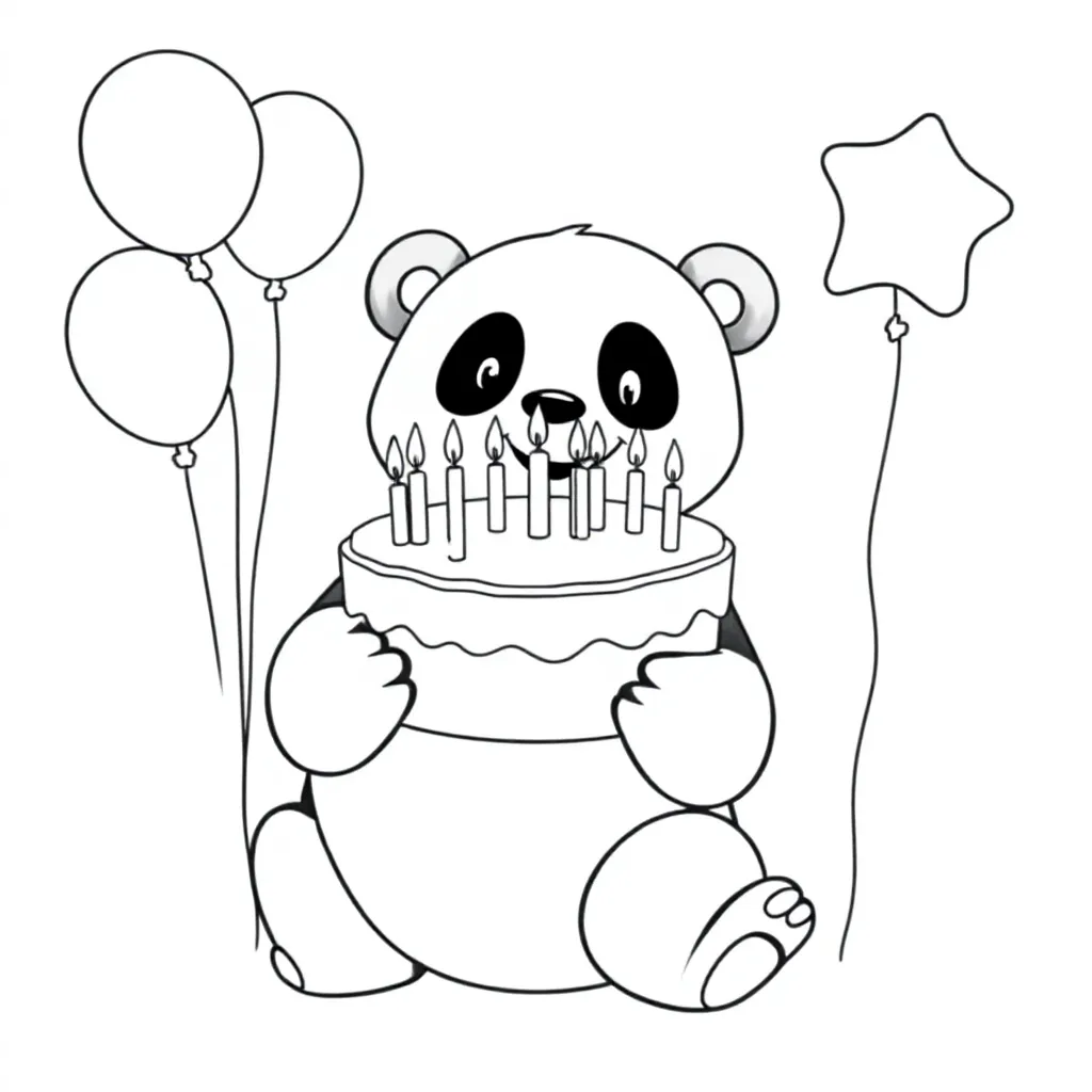 Panda med tårta, ljus 11, ballonger och text Happy Birthday Hajar