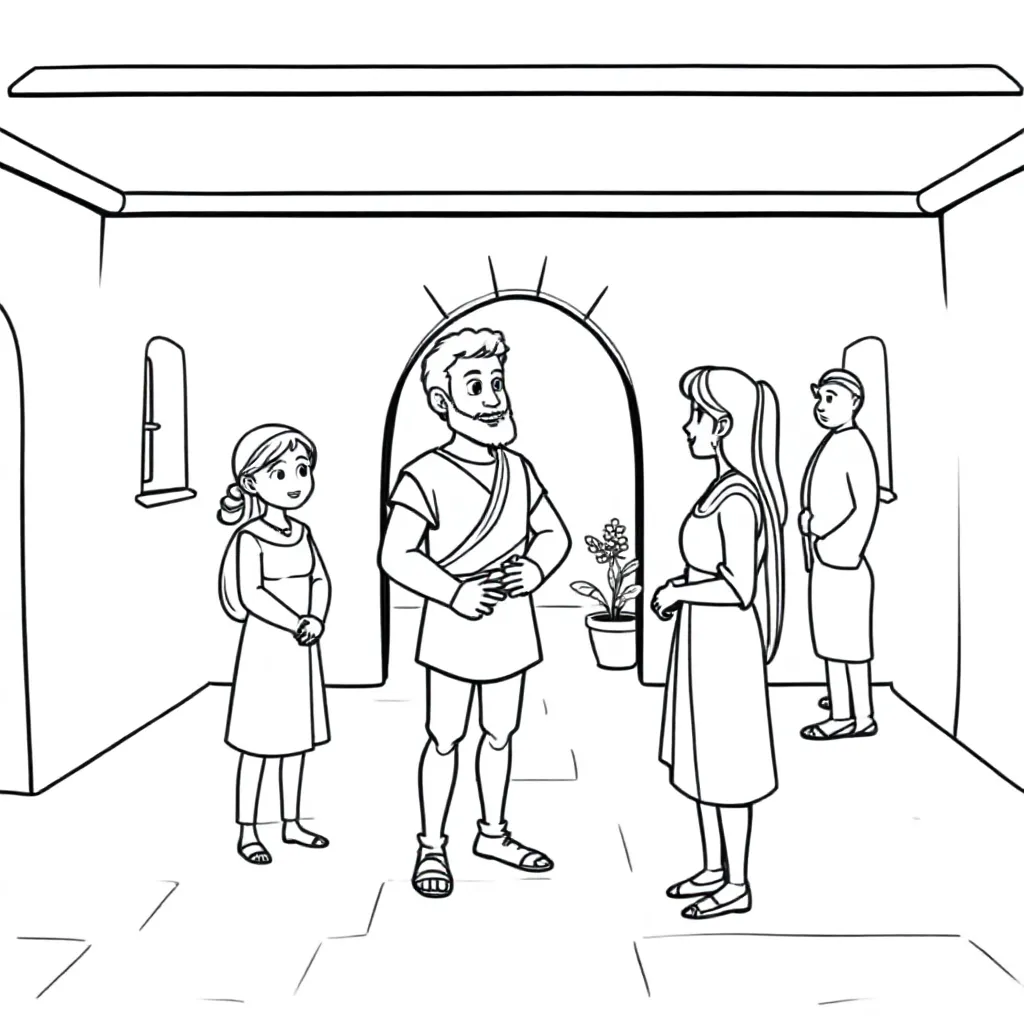 Petrus die op de uitgang is, en het dienstmeisje dat tegen hem praat, omringd door anderen