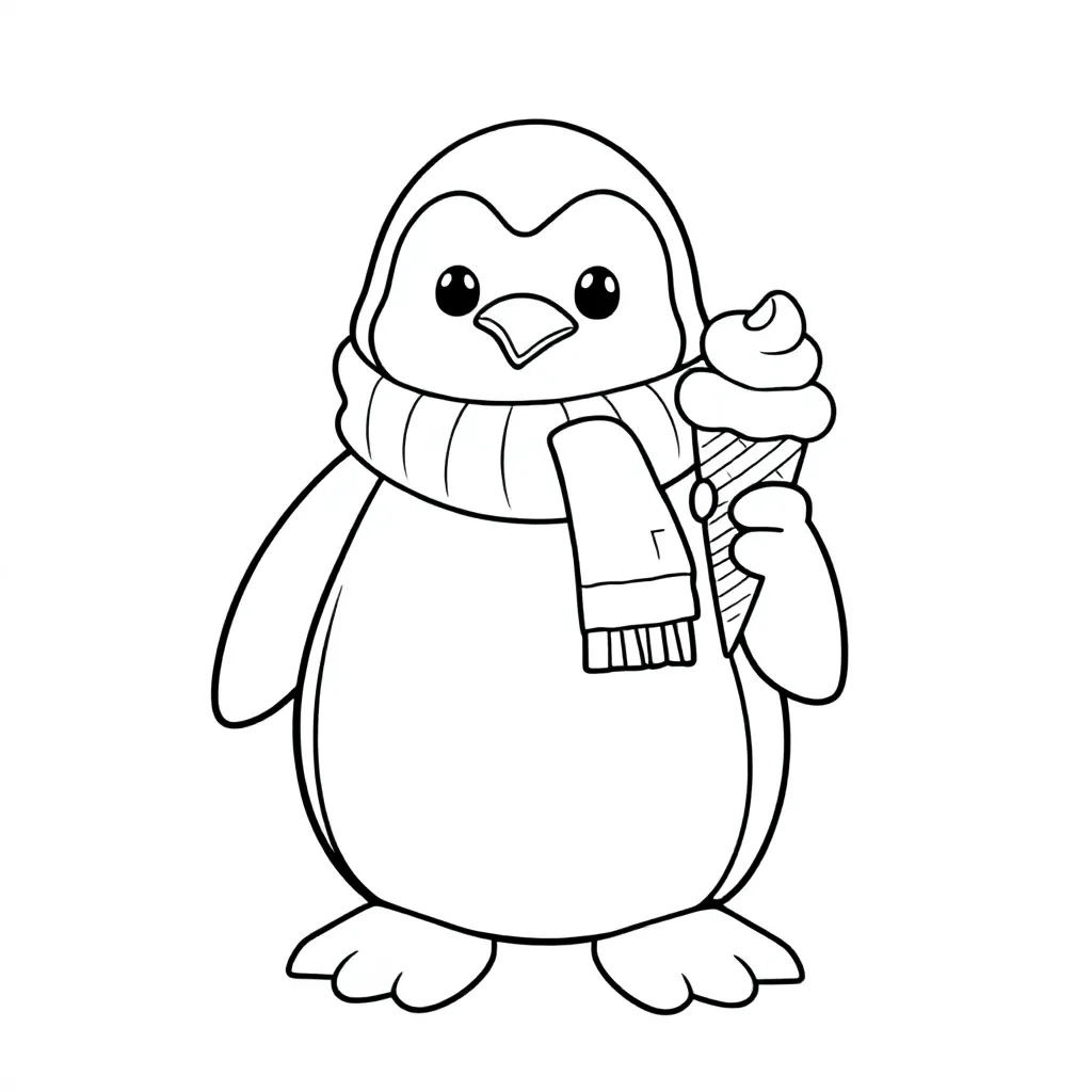 Penguin with an ice cream, a sweater and a scarf