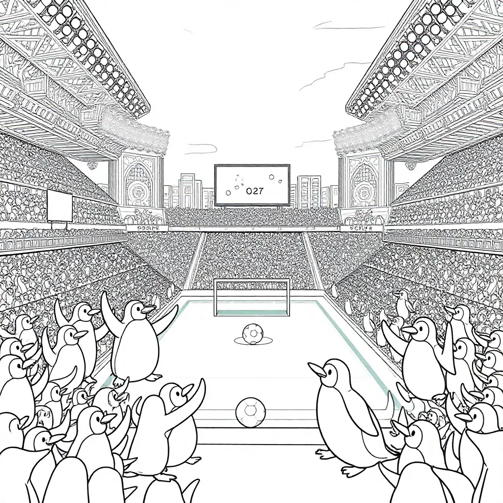 Pinguini in uno stadio di calcio con le lettere FC Pinguinski