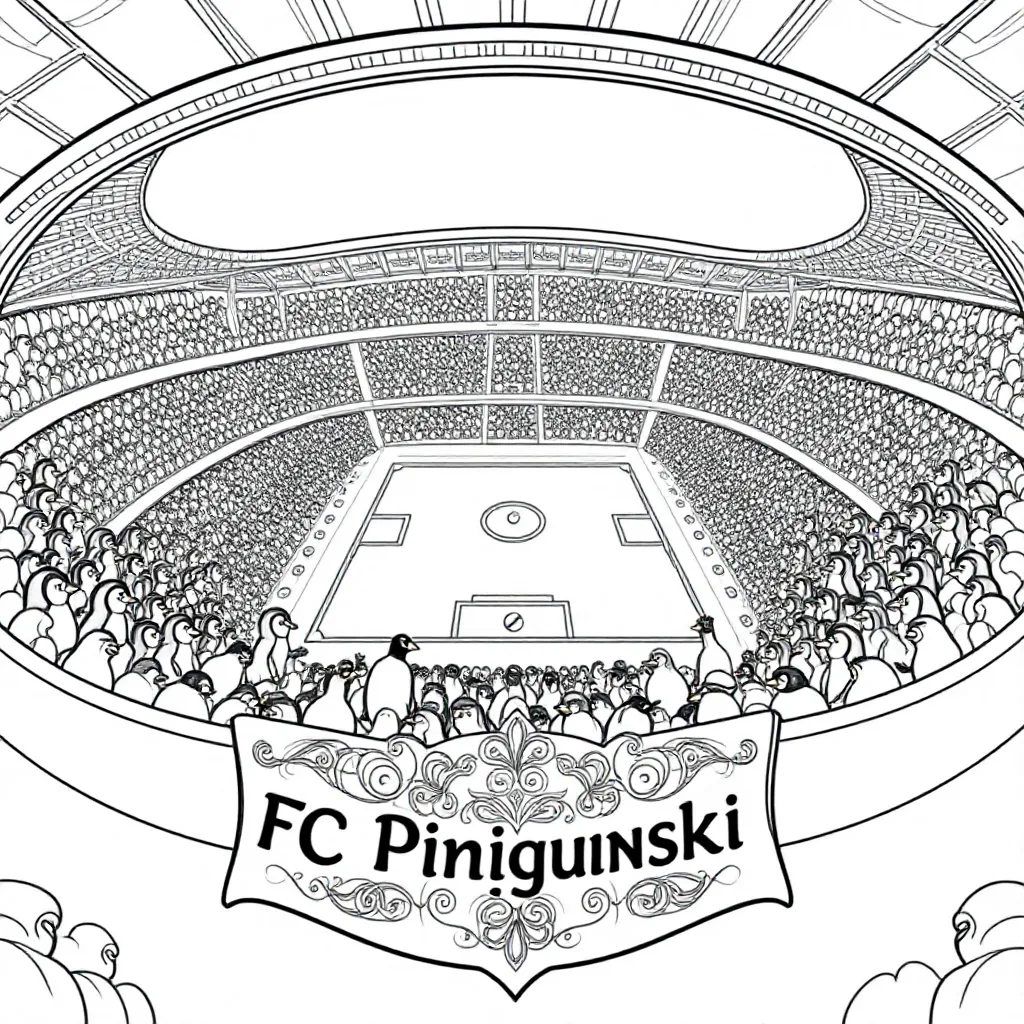 Pingviner på et fodboldstadion med bogstaverne FC Pinguinski