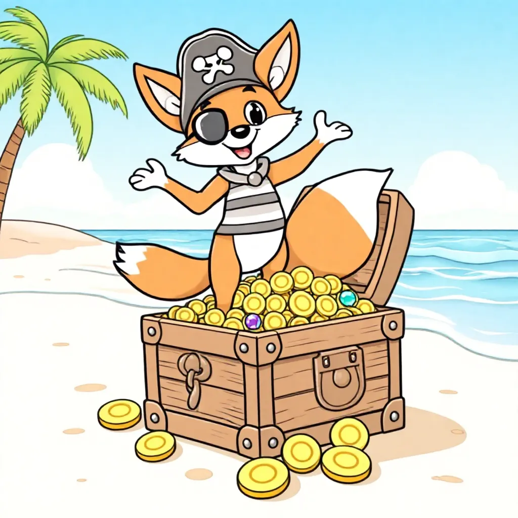 Piratræv danser på en skattekiste fuld af funklende måner