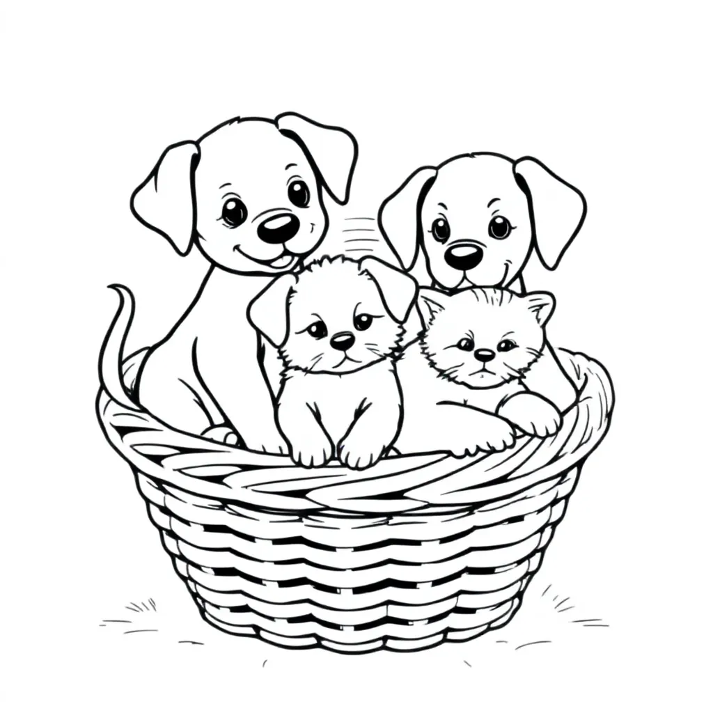 Pennut ja kissanpentu korissa