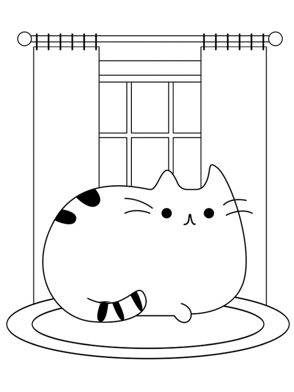 Pusheen lies in front of the window