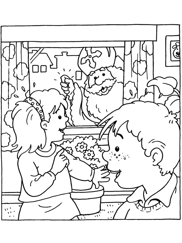 Sinterklaas står foran vinduet