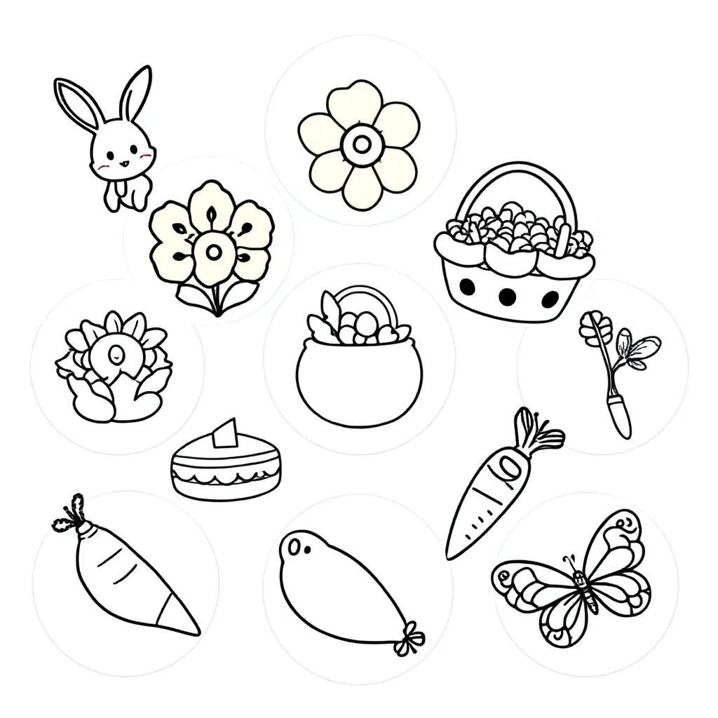 Sticker Sheet with Round Circles That Can Be Printed with A Stamp We Want rabbit flower Fruit Basket Cake Chicken Carrot Butterfly