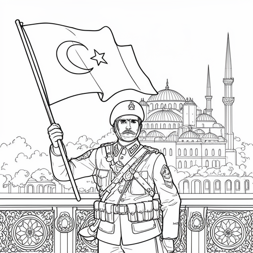 Turkse soldaat met Turkse vlag in zijn soldaten pak. Aksa moskee achtergrond